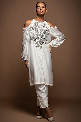 white chanderi silk zardosi embroidered tunic set