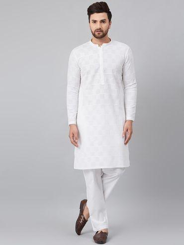 white chikankari embroidered woven design straight kurta set