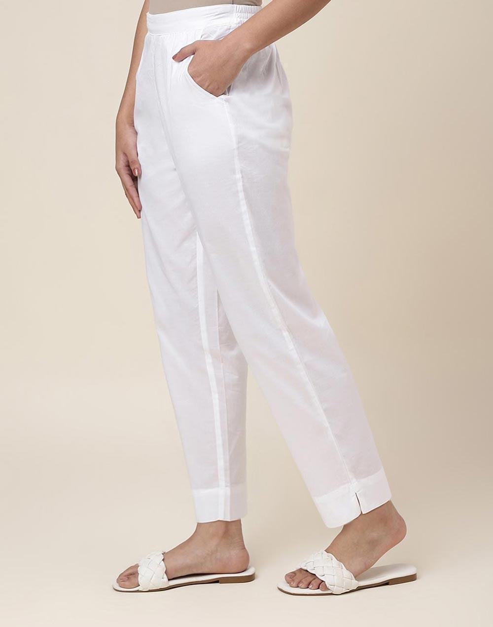 white cotton ankle length casual tapered pant