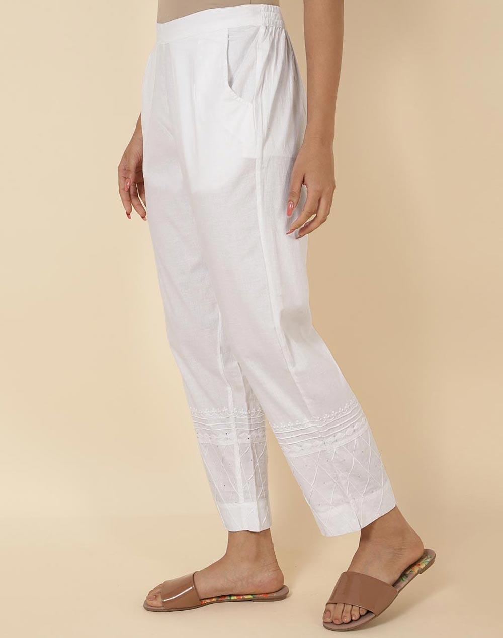white cotton chikankari casual pant