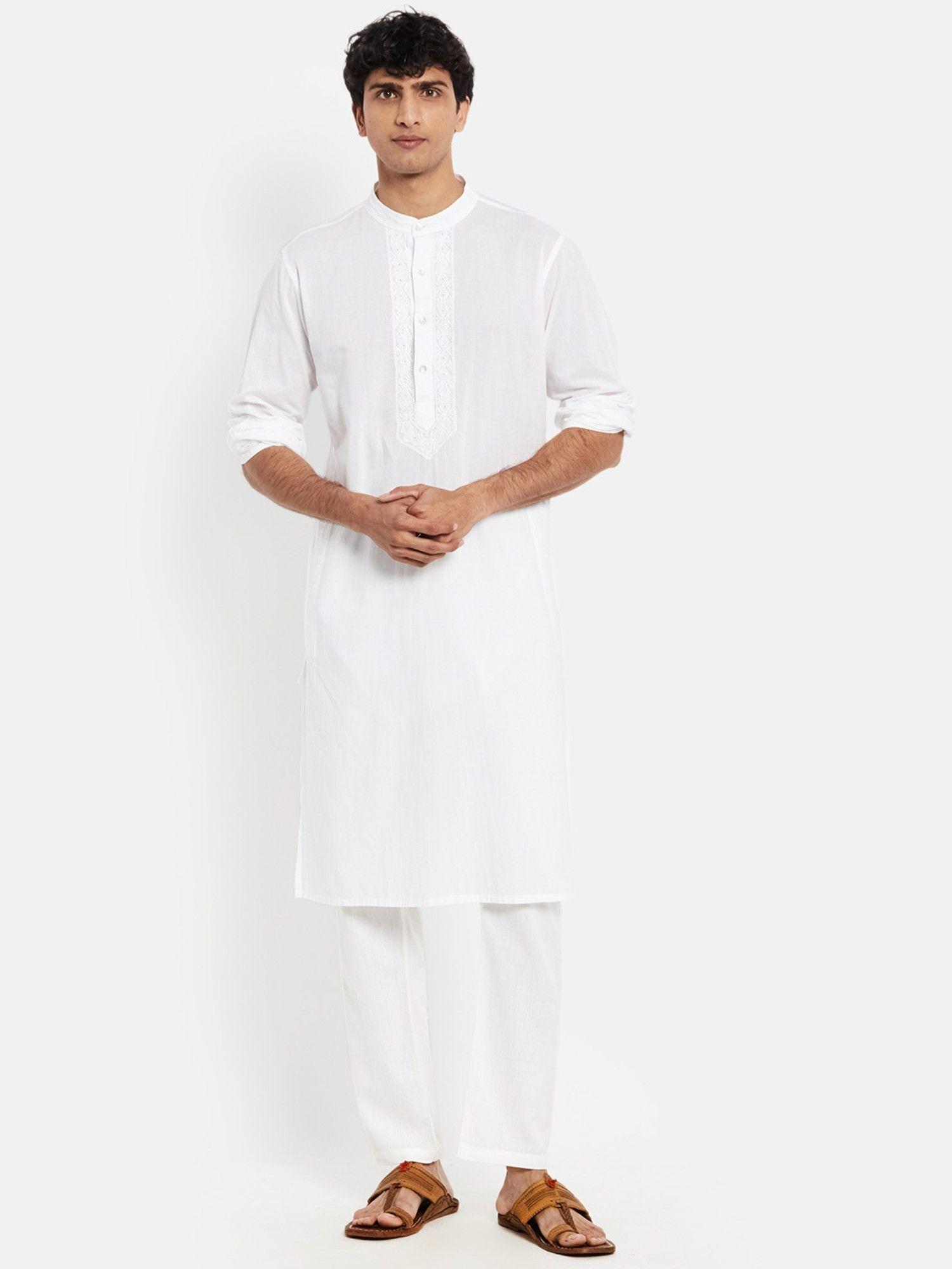 white cotton chikankari slim fit long kurta