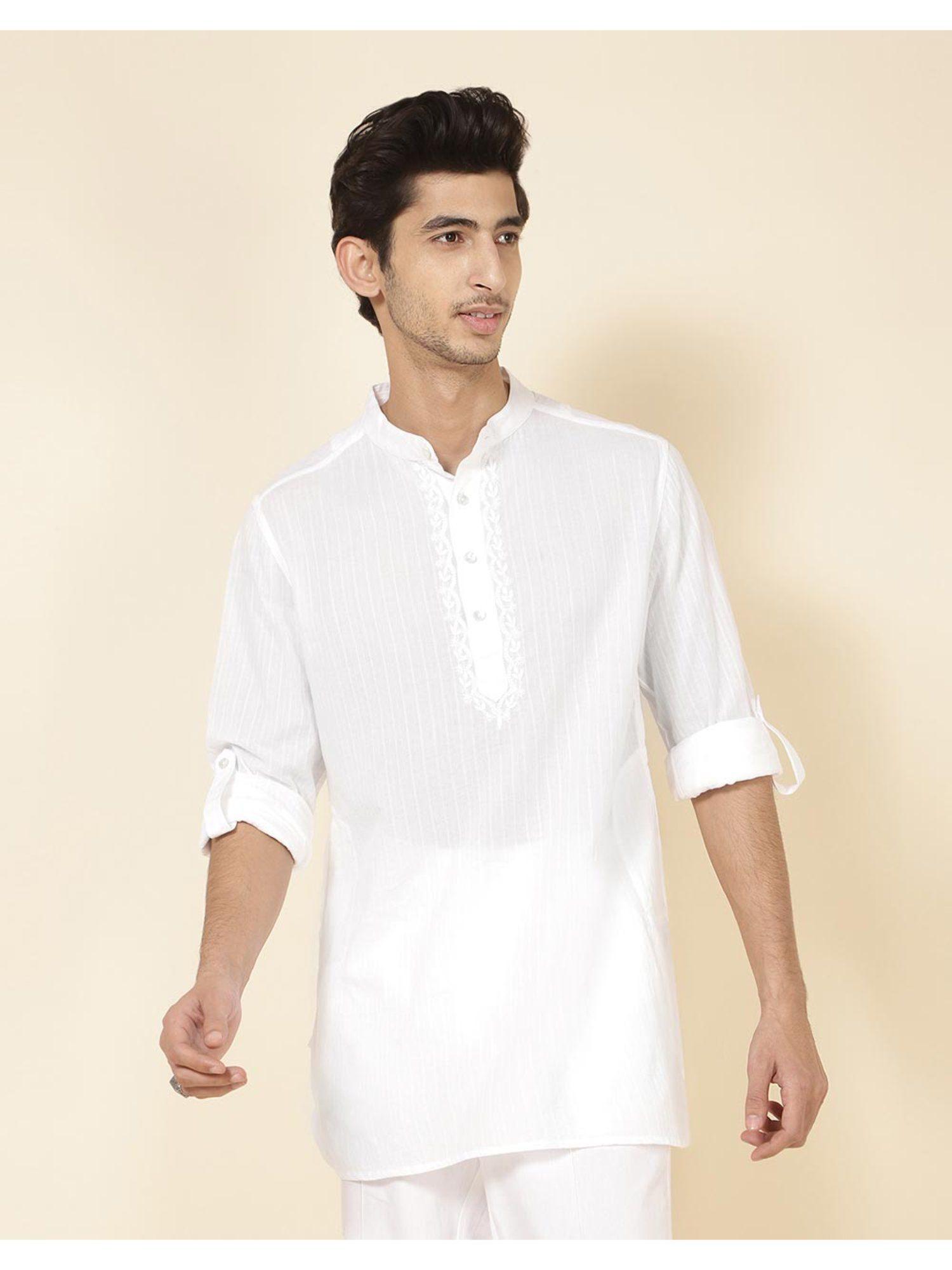 white cotton chikankari slim fit short kurta