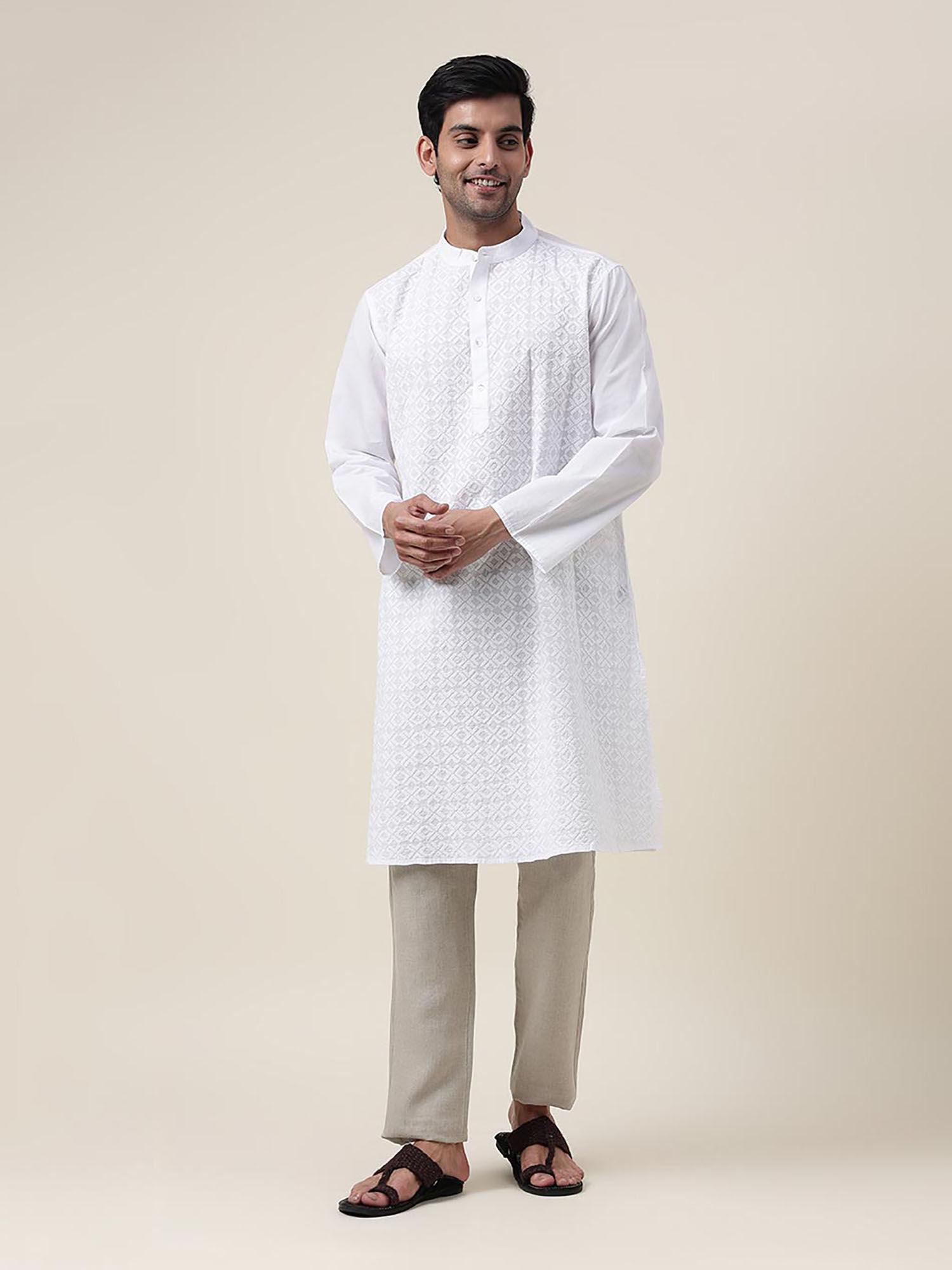white cotton embroidered long kurta