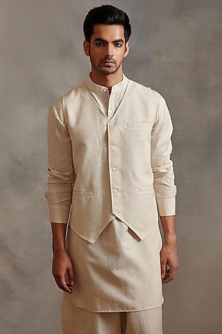 white cotton flax banarasi kurta with waistcoat