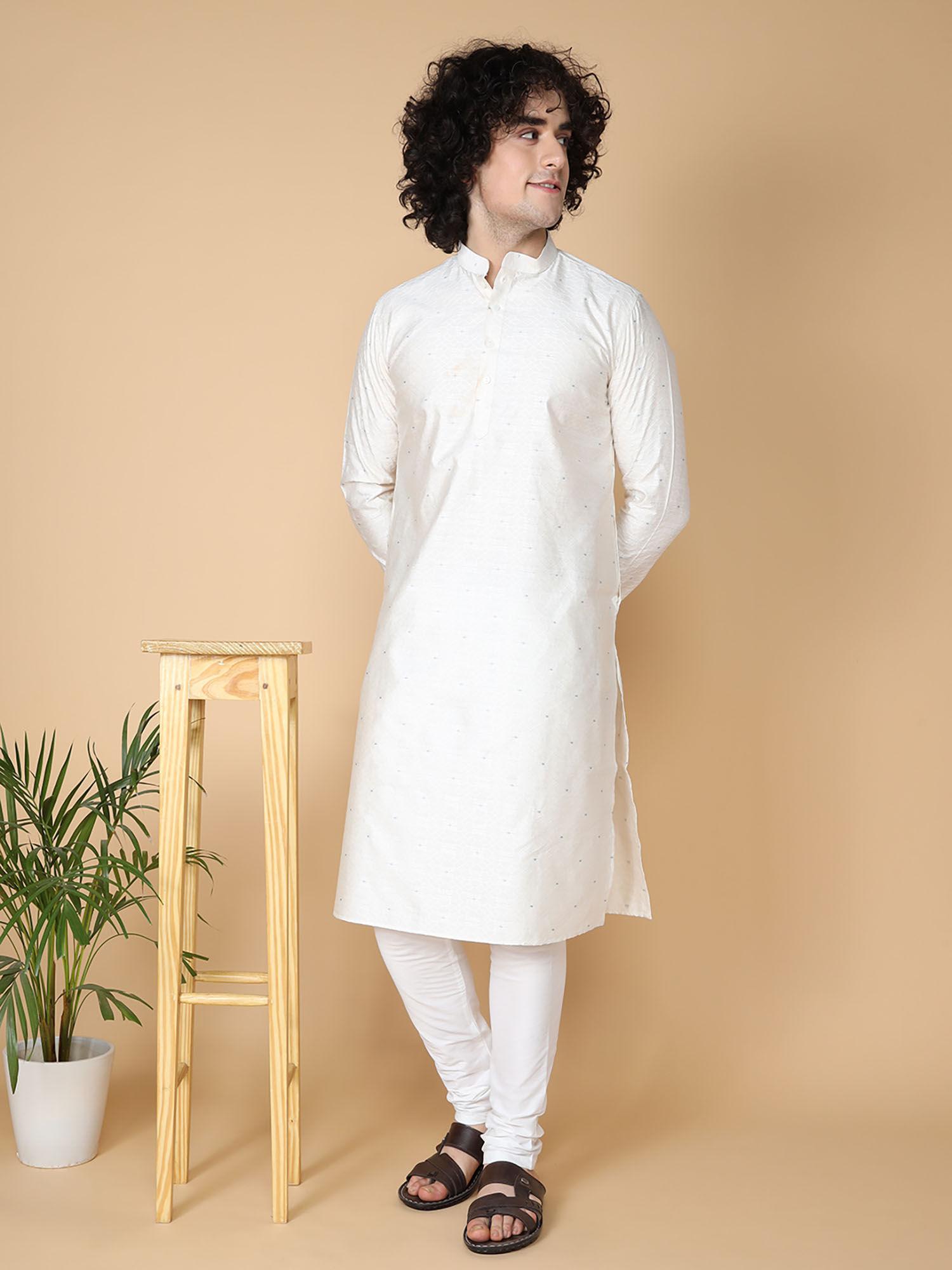 white cotton full sleeve regular fit dobby kurta for men