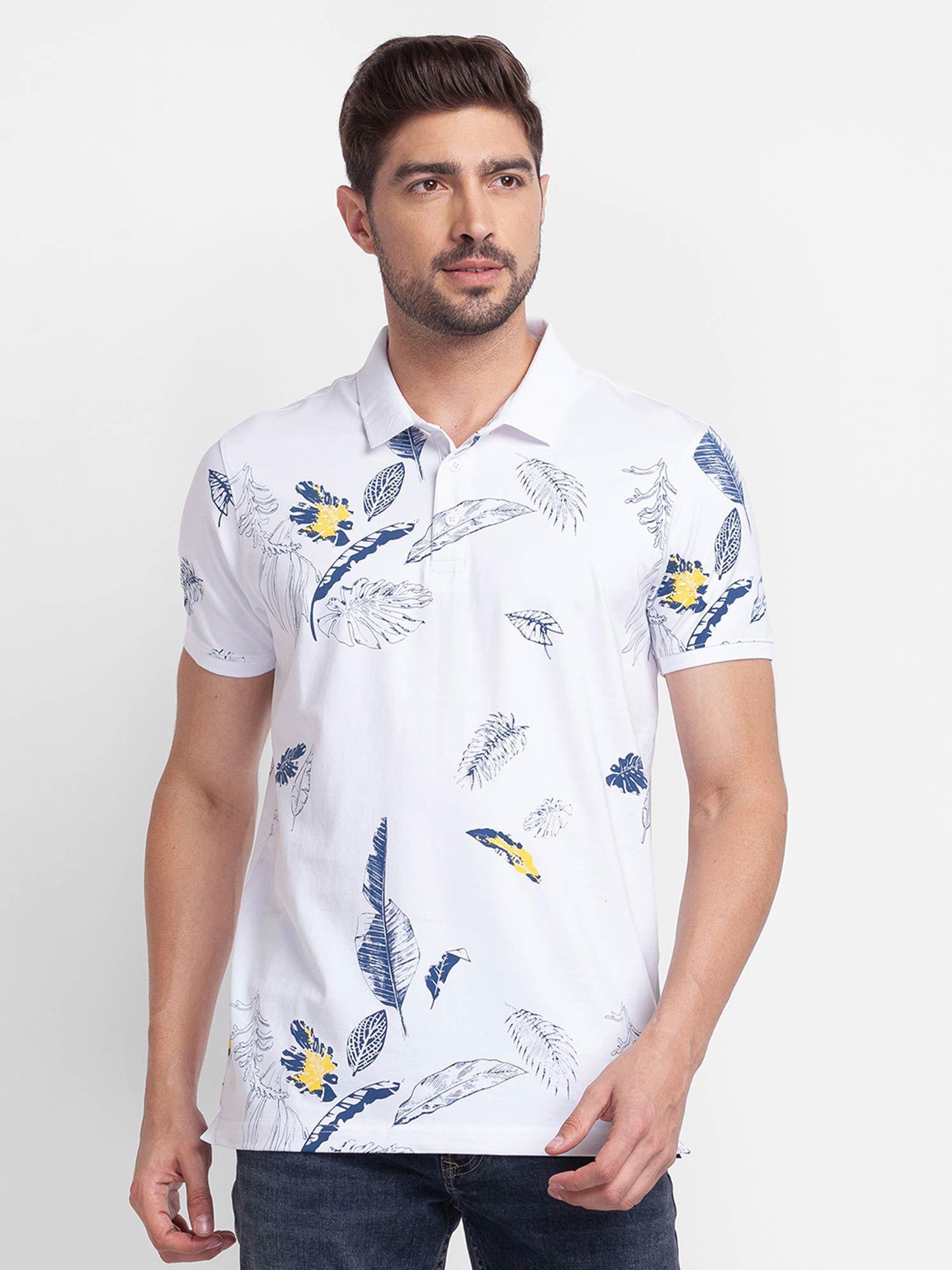 white cotton half sleeve printed casual polo t-shirt for men