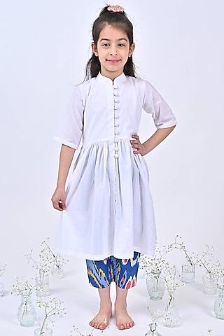 white cotton ikat printed kurta set for girls