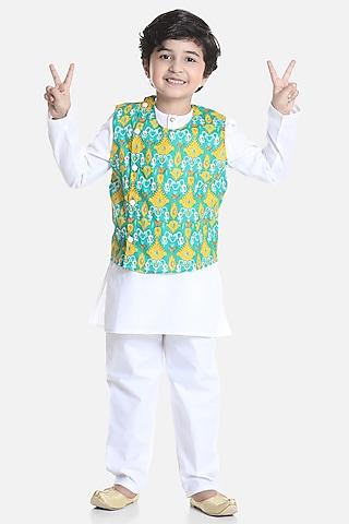 white cotton kurta set with nehru jacket for boys