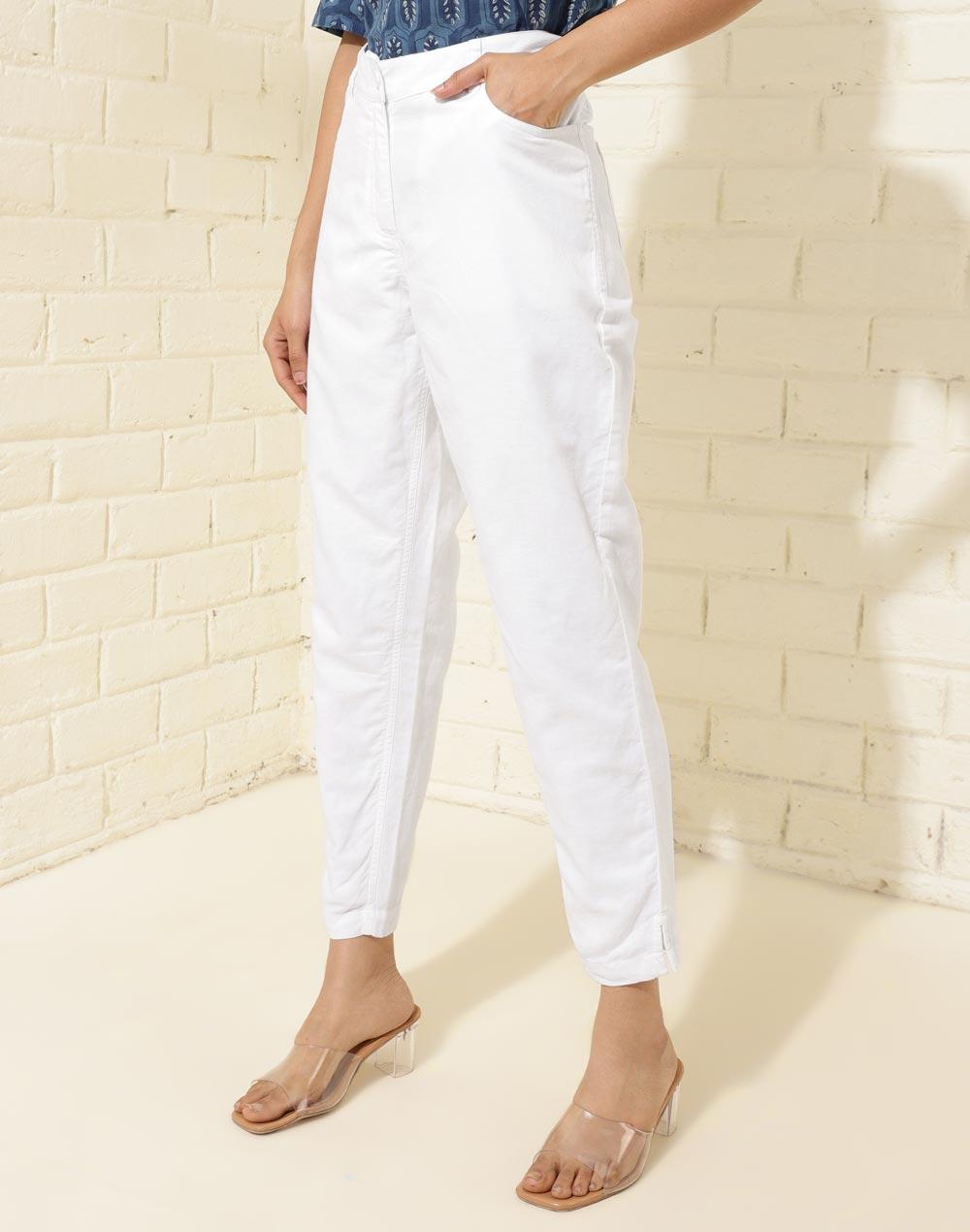 white cotton linen crop length formal pant