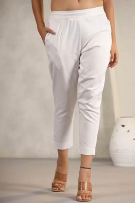white cotton lycra pants for women with partially elasticated waistband - white