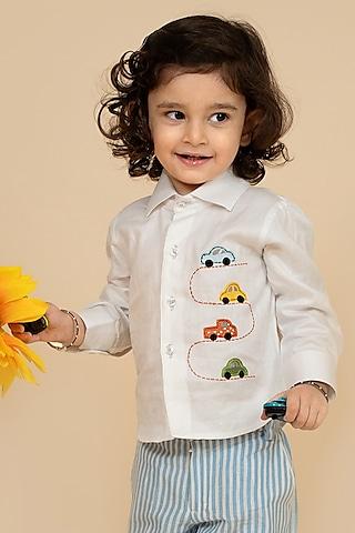 white cotton satin embroidered shirt for boys
