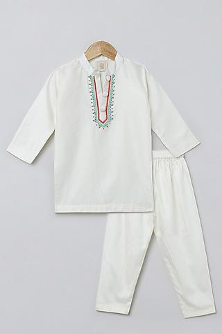 white cotton satin hand embroidered kurta set for boys