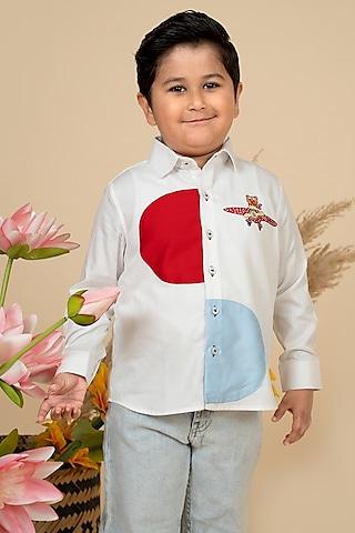 white cotton satin motifs embroidered shirt for boys