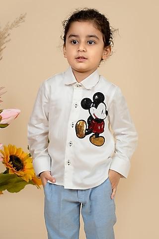 white cotton satin sequins & motifs embroidered shirt for boys