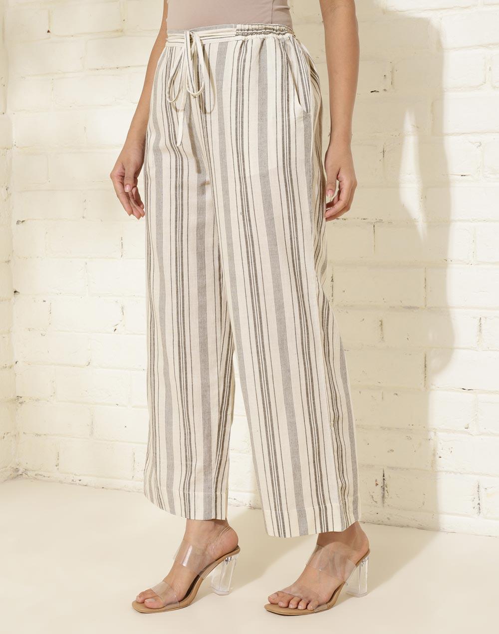 white cotton striped casual regular pant