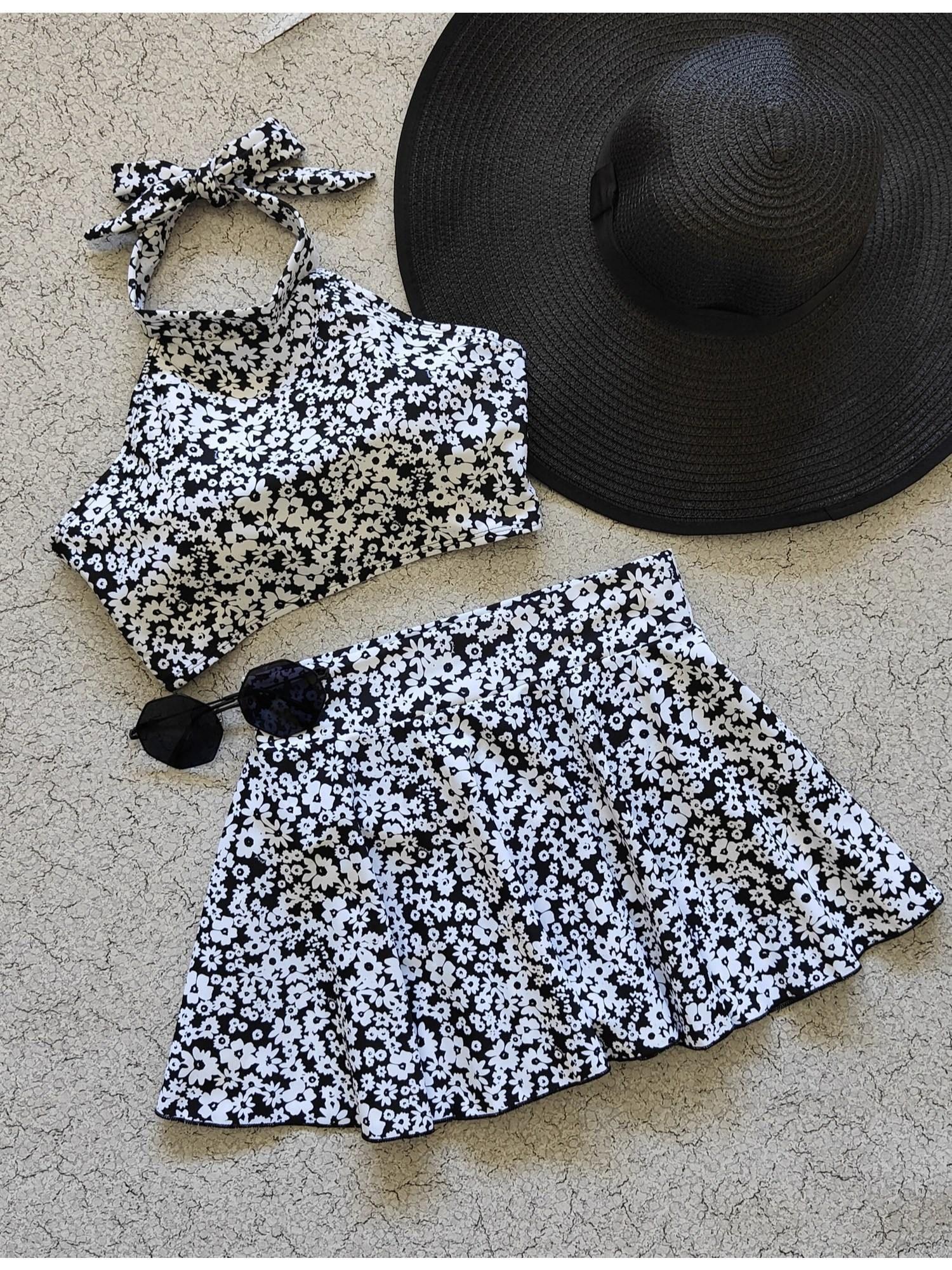 white daisy skirted swimwear (set of 2)
