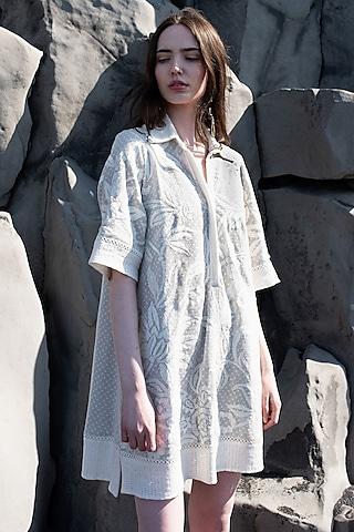 white dotted cotton mesh embroidered shirt dress