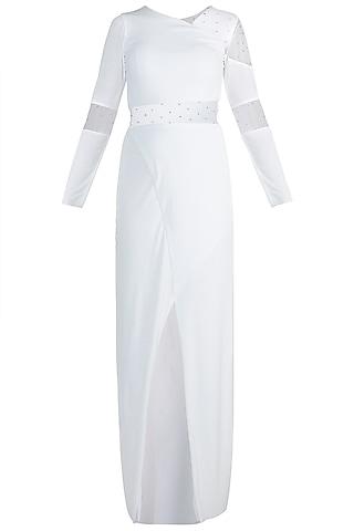 white embellished sheath gown with sheer waist