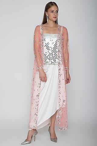 white embroidered blouse with dhoti skirt & blush pink cape
