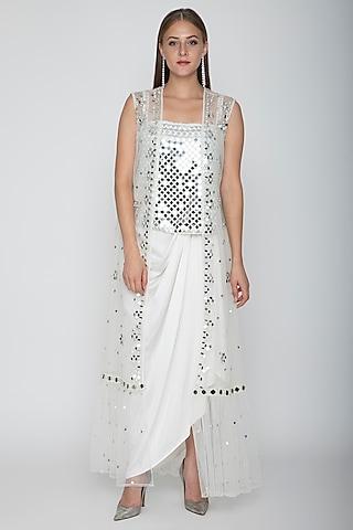 white embroidered blouse with dhoti skirt & cape