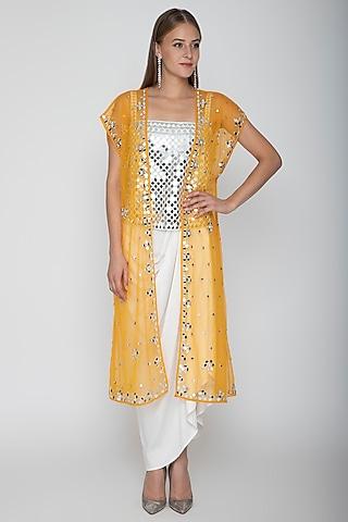 white embroidered blouse with dhoti skirt & orange cape
