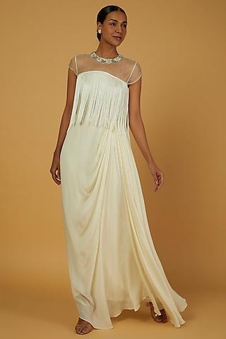 white embroidered draped gown