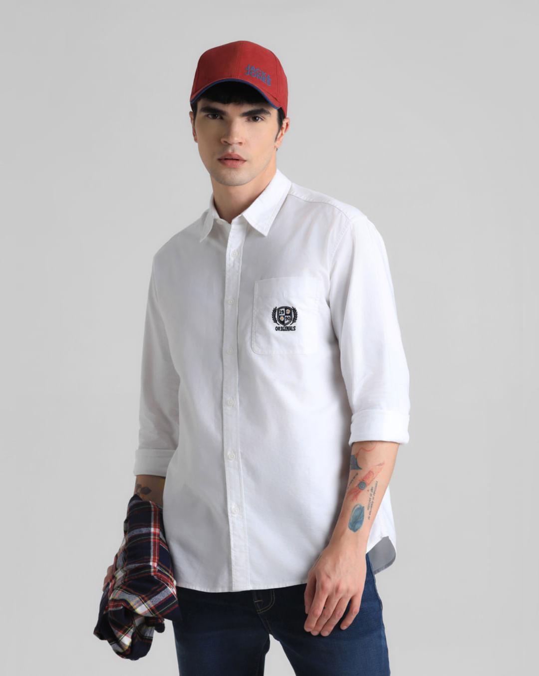 white embroidered patch shirt