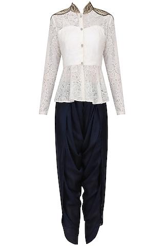 white embroidered peplum tunic with navy dhoti pants