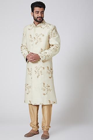 white embroidered raw silk sherwani