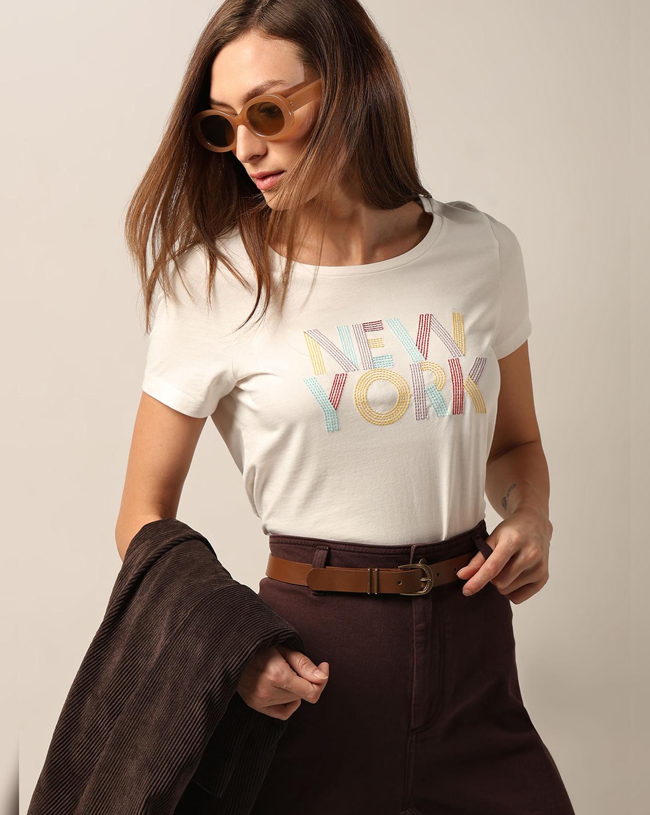 white embroidered text t-shirt