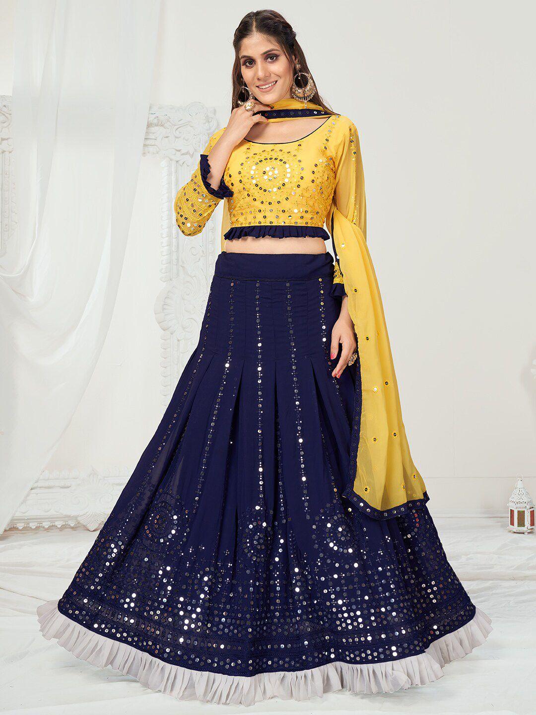 white fire blue & yellow embellished sequinned semi-stitched lehenga & unstitched blouse with dupatta