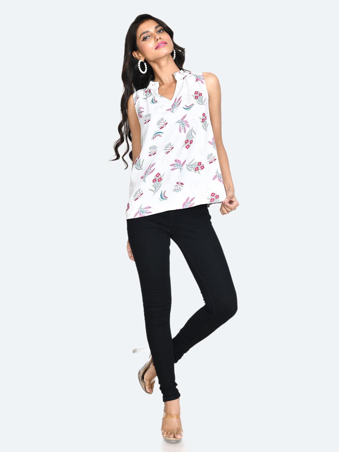 white floral print straight top for women