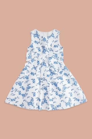 white floral printed round neck party knee length sleeveless girls regular fit dress