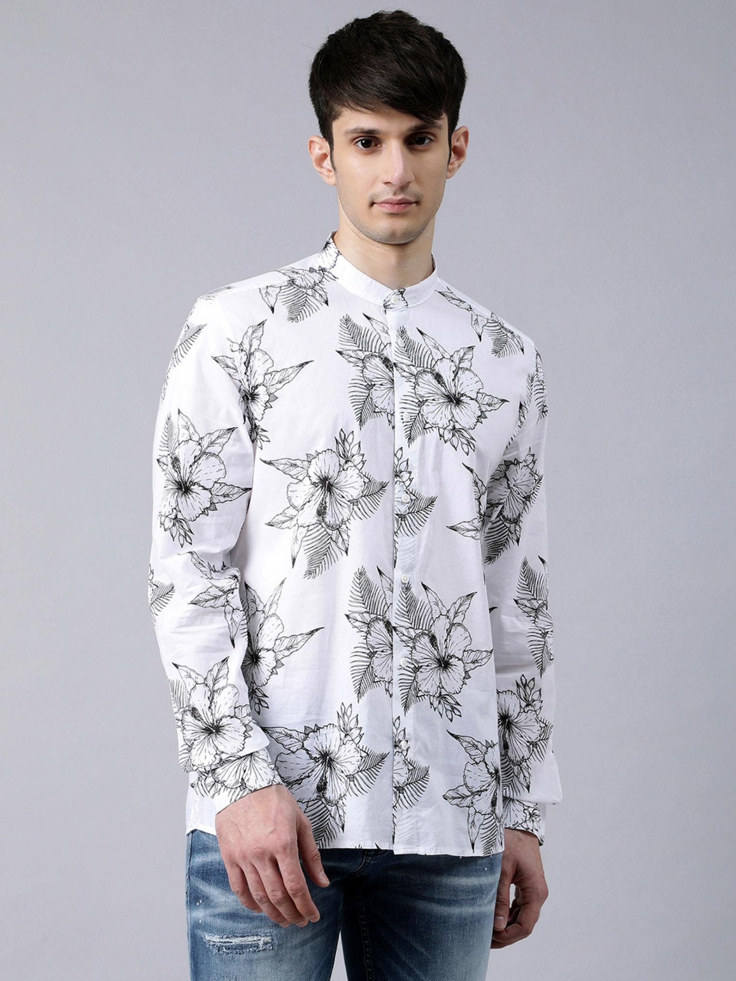 white flower printed cutaway collar shirts