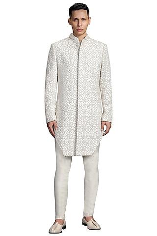 white geometric suiting sherwani