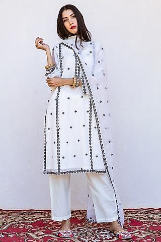 white georgette machine embroidered straight kurta set