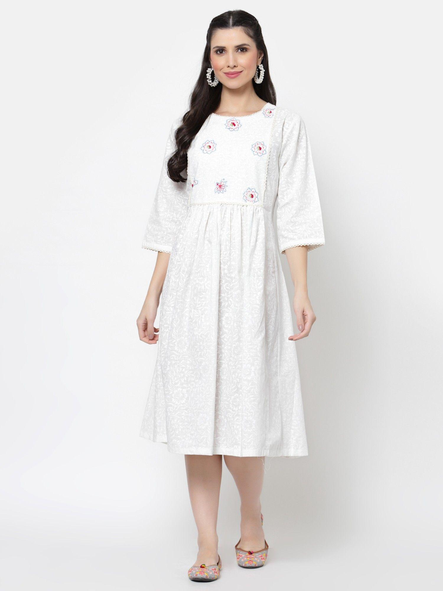 white hand block printed cotton dress