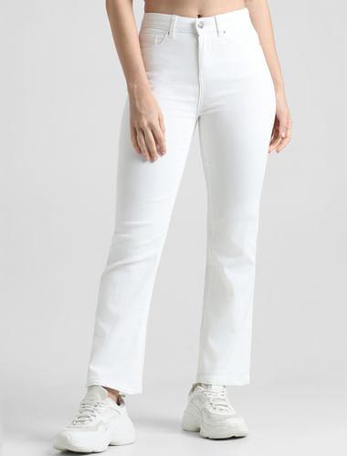 white high rise flared jeans