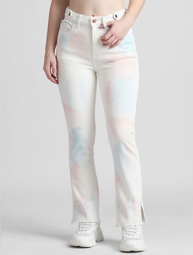 white high rise tie-dye straight fit jeans