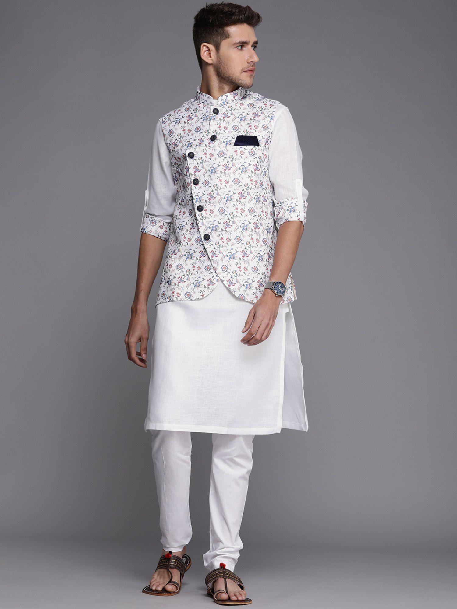 white kurta pyjama with nehru jacket (set of 3)