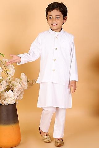 white kurta set with nehru jacket for boys