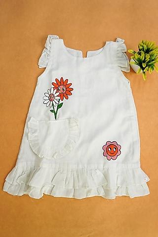 white linen & lyocell floral hand painted dress for girls