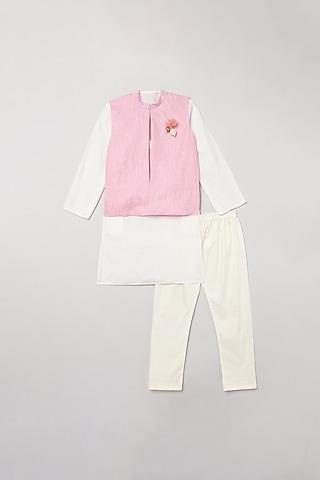 white-linen-kurta-set-with-pink-bundi-jacket-for-boys