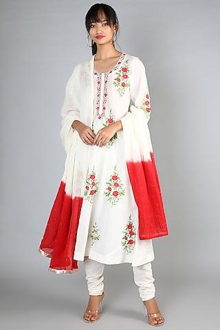 white machine embroidered a-line long kurta set for girls