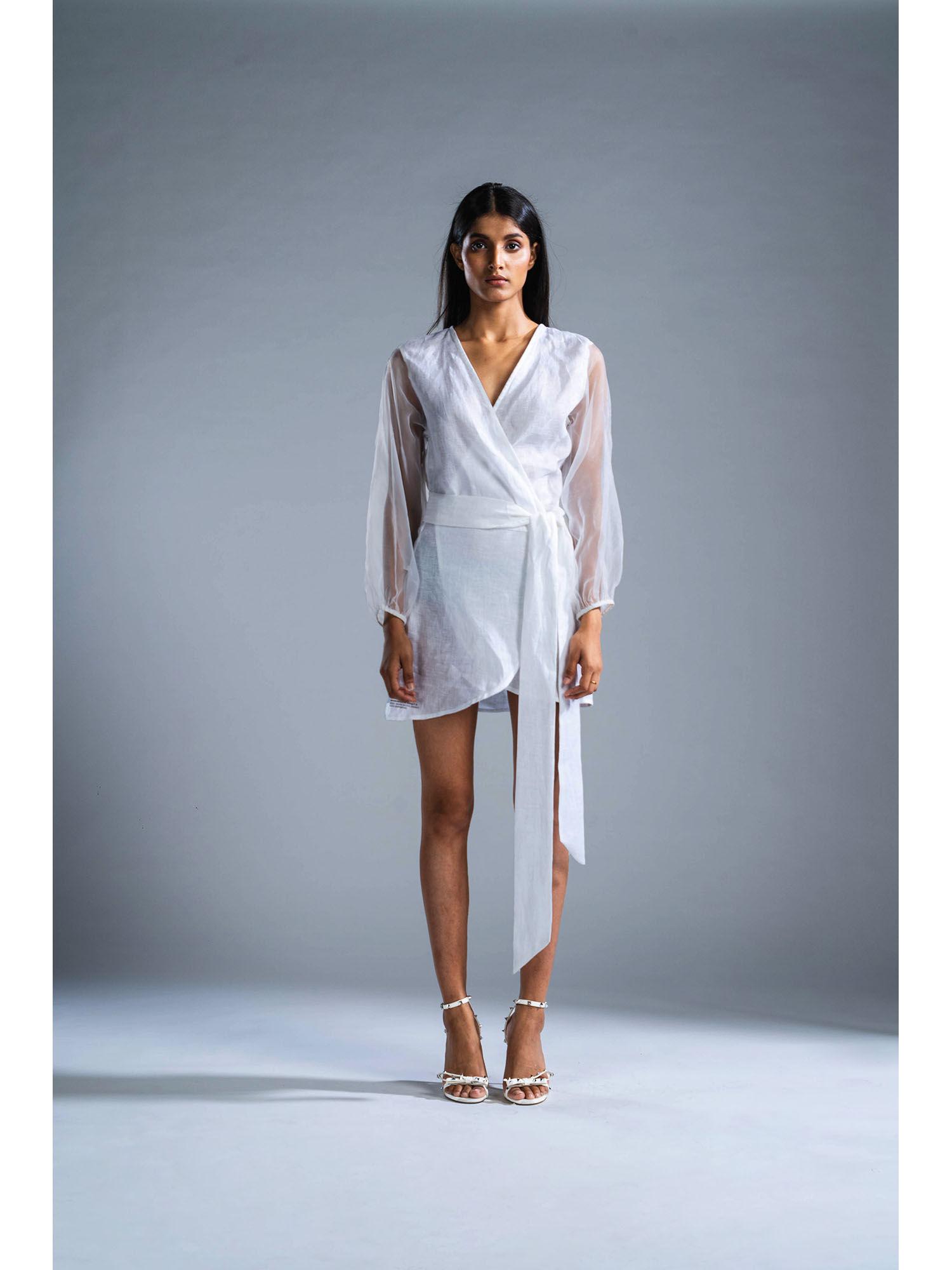 white organic linen wrap dress