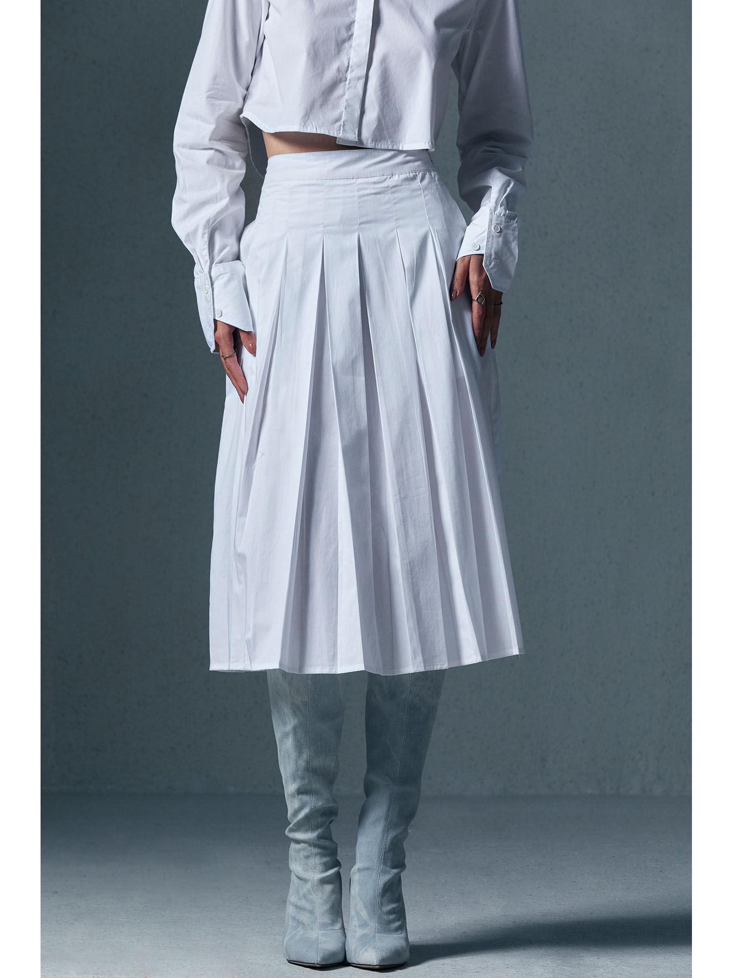 white pleated midi poplin skirt