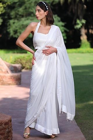 white pre-pleated shimmer saree set