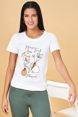 white print casual half sleeves round neck women regular fit  t-shirt