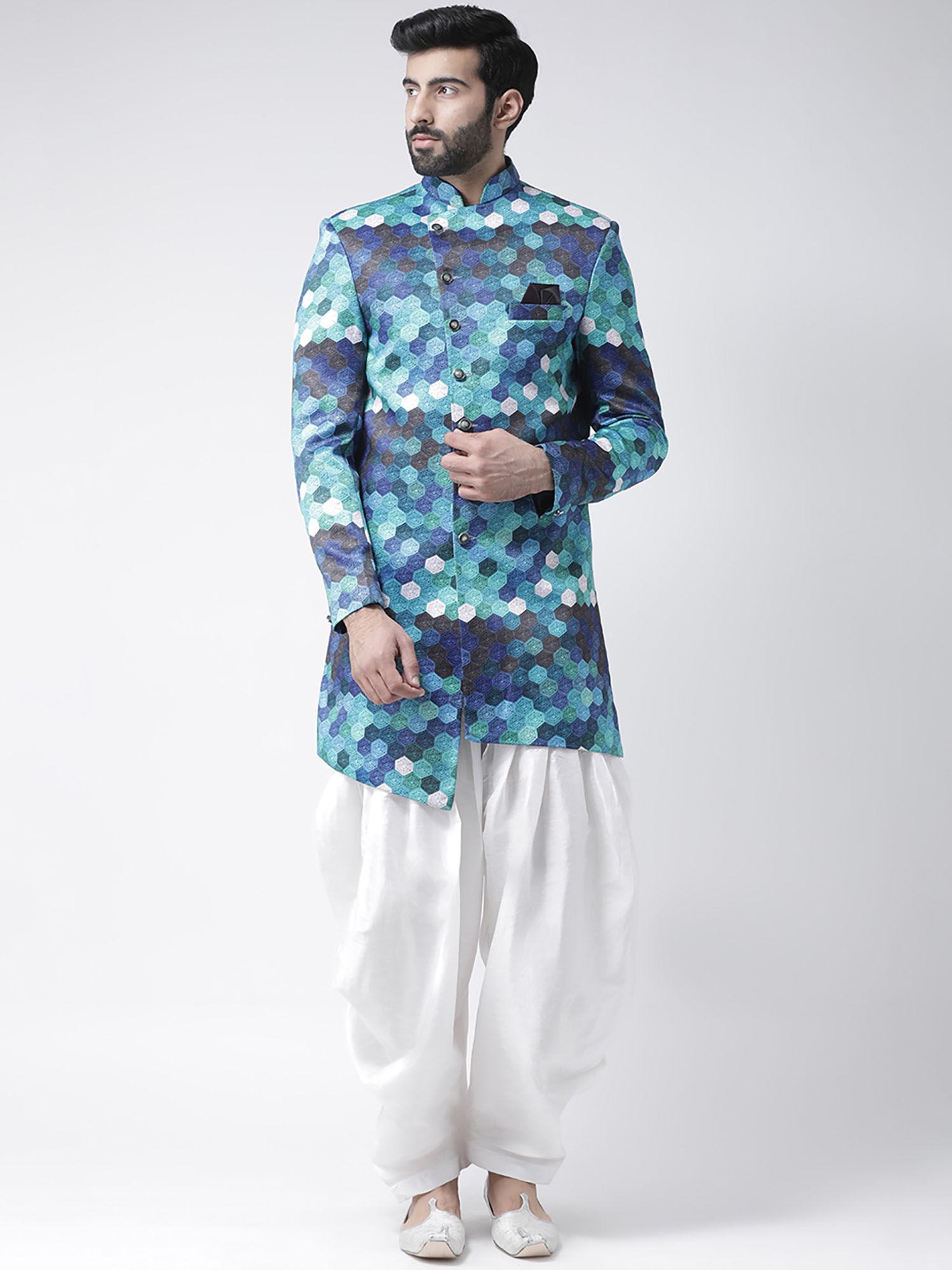 white printed sherwani and pyjama (set of 2)