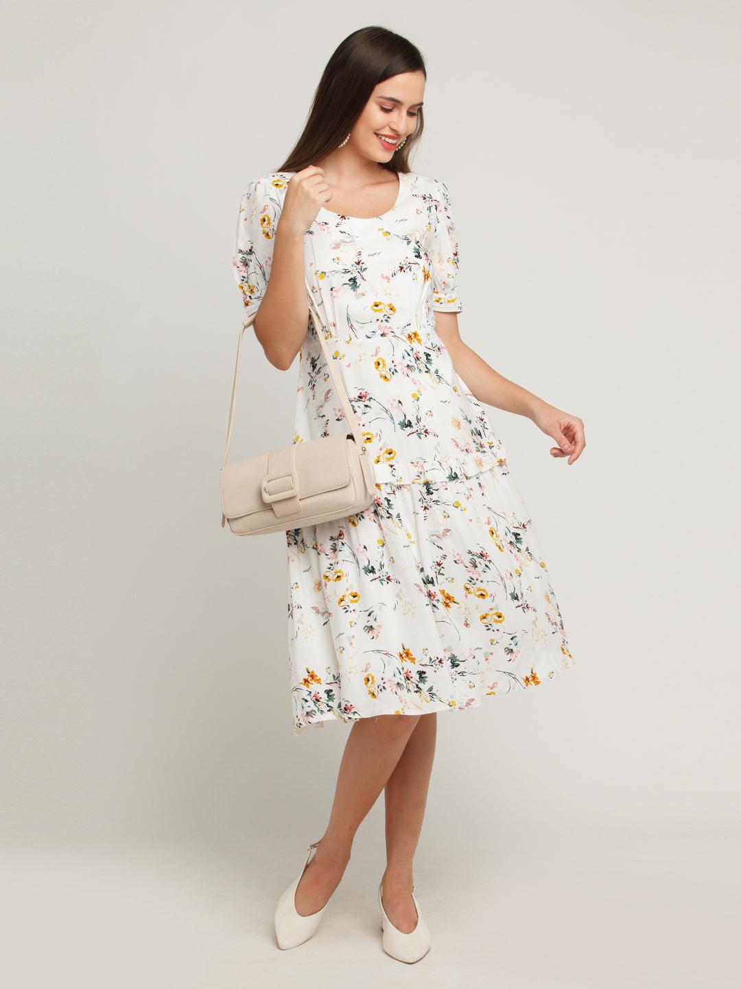 white printed tiered midi dress for women